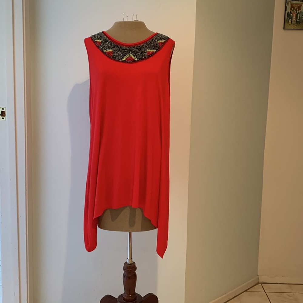 Sleeveless Stretchy  Beaded Asymmetrical Hem  Red Top Sz XL